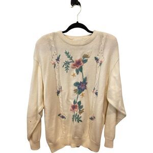 Alfred Dunner Pullover Sweater Ivory Womens Size 44 Embroidered Floral Crew Neck